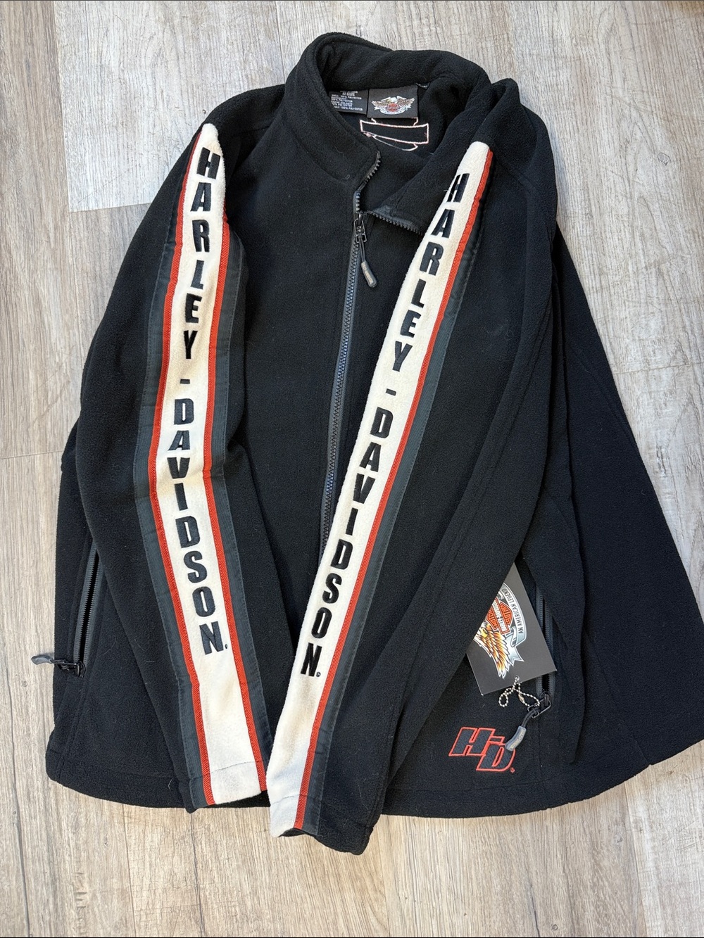 Harley-Davidson Black Fleece Jacket with Cream and Red Sleeve Stripes